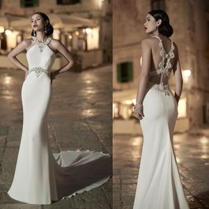 Luisasposa élégant sirène robes de mariée licou sans manches cristal ceinture Satin robe de mariée balayage Train robe de mari￩e