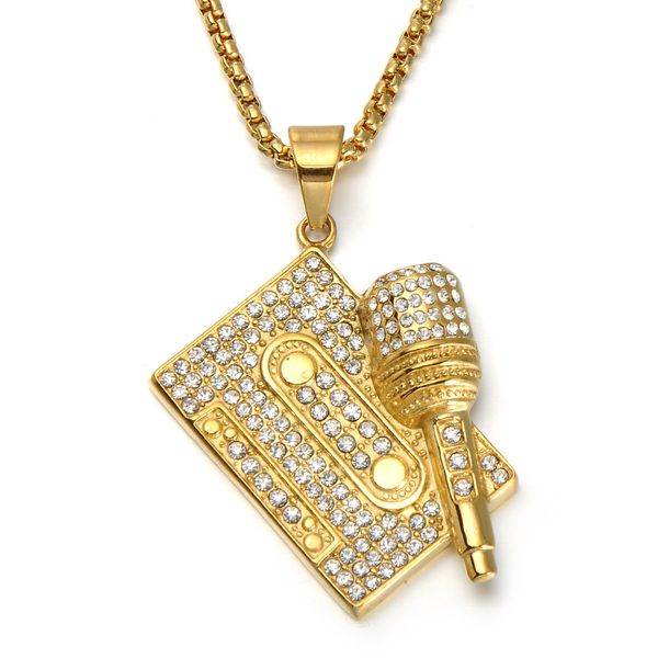 Lujoyce Hip Hop Bling Iced Out Micrófono Cinta Colgantes Collar Hombres Joyería de música de acero inoxidable con cadena de color dorado de 24 pulgadas