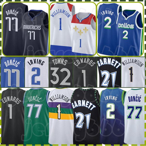 Luka Doncic -anthony Towns Basketball Jerseys Kyrie Irving 77 32 2 Zion 1 Williamson Kevin Garnett Shirt Jimmy Butler Black Tyler Herro 75e anniversaire blanc