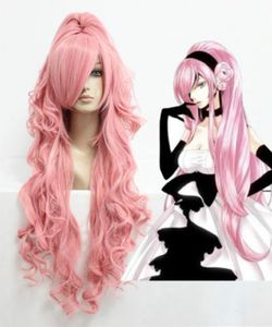 Luka Vocaloid Longue Fumée Rose Bouclés Cosplay Partie Perruque Ponytails Cheveux