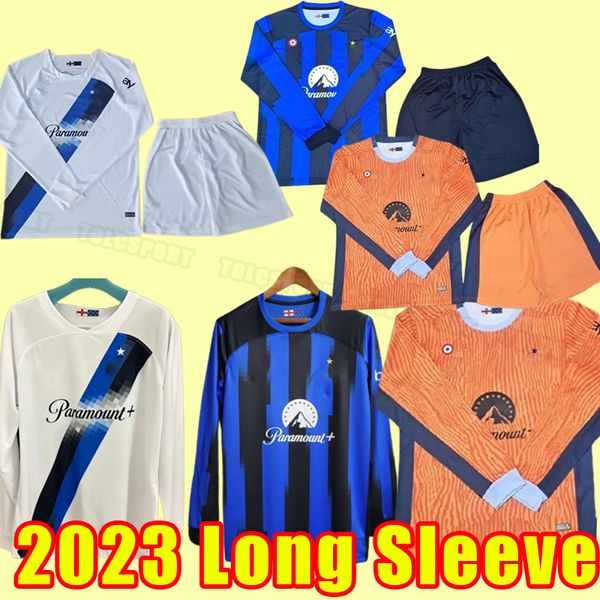 Lukaku Soccer Jerseys 23 24 Inter Barella Vidal Lautaro Eriksen Alexis Dzeko Correa Uniformes Chemise de football 2023 2024 Milan Hommes Ensemble complet à manches longues à domicile