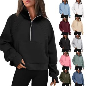 lulu Crop hoodies voor dames Hoodies Dames lulu Scuba hoodies Oversized cropped sweatshirts met halve rits Fleece gym sportkleding met zakken Duimgat luluemens Herfst