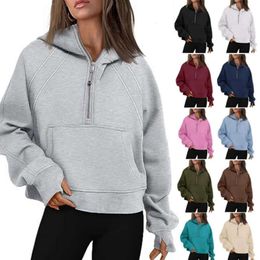 lululemenI Sweat à capuche pour femme Automne Hiver Costume de yoga Demi-fermeture éclair Pull de sport pour femme Veste de gymnastique ample Fiess Manteau court en peluche Sweat-shirt pour femme 2024