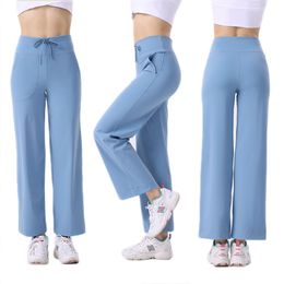 Nuevos pantalones de pierna recta micro acampanados sueltos de nailon para mujer con cinturilla y cordón de elevación de cadera para correr pantalones de pierna ancha de yoga fitness para LL Yoga Outfit