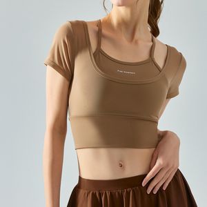 Luluwomen Yoga korte mouw dames ademend met borstkussen sport T-shirt sneldrogende fitnesskleding top