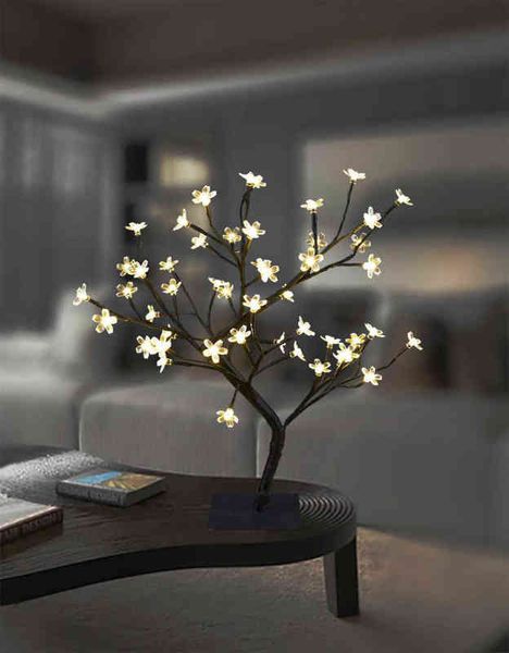 Luminarias LED Branches d'arbres en fleurs de cerisier Veilleuses Lampes de table en cristal Fête de chevet Mariage Intérieur Décor à la maison Éclairage H220423