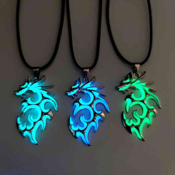 Collier de dragon lumineux fluorescence nocturne brillante lueur argentée antique dans le collier noir pour les hommes fête des femmes Hallowen G1206