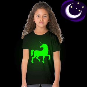 Luminous Fashion Cool Unicorn Kids Jongen Meisje Zomer T-shirt Glow in Dark Teens Toddler T-shirt Fluorescente Casual Tops Tees 49D2 G1224