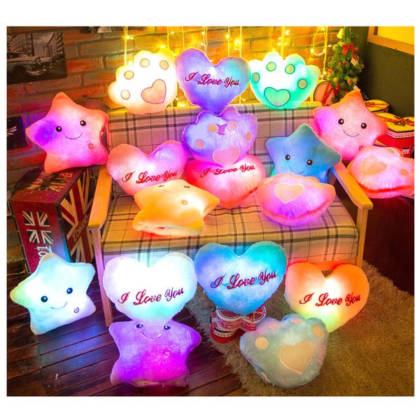 Lumineux rougeoyant d'oreiller étoile coeur de patte d'ours en peluche oreiller lumière Led Night Light Enfants Coussin de Noël Jouets XD23215