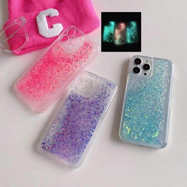 Lumineux Liquide Quicksand Cas Pour iPhone 14 11 12 13 Pro X XR XS Max Mini 8 7 Plus Paillettes Lueur La Couverture En Silicone Souple Foncé