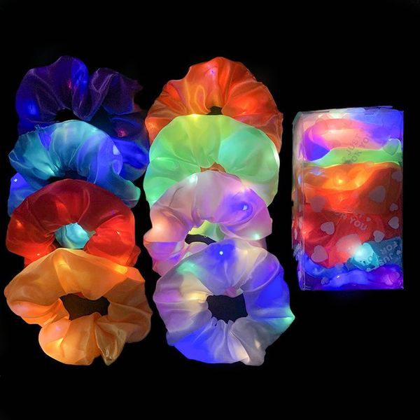 Luminous Scrunchies LED Scrunchy Ponytail Holder Hairbands Headwear Light Ring Rainbow Banda de goma Maiden Cuerda Satén elástico Sedoso Scrunchy Tie RRA116