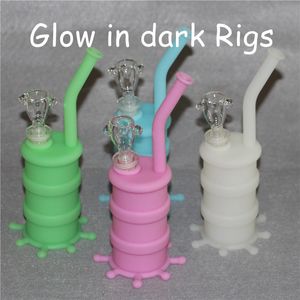 Lumineux Silicone Mini Bong Pipe À Eau Glow Couleur Silicone Oil Barrel Rigs Avec Verre Downstem et Bol Fumer Bongs Pipes