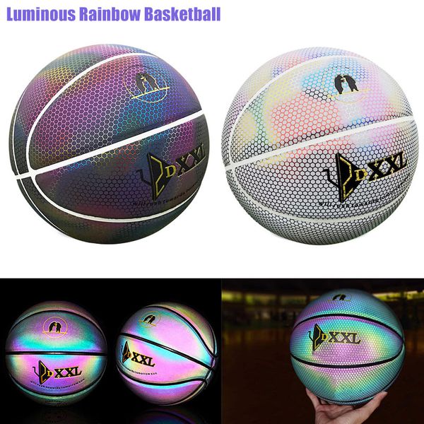 Pelota de baloncesto de goma de calle luminosa, tren de juego nocturno, luminiscencia de goma de PU, luz de arco iris brillante, entrenamiento para niños, Tamaño 7