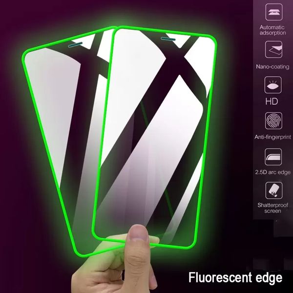 Film de protection d'écran brillant en verre trempé lumineux, haute transparence, pour iPhone 15 14 13 12 11 Pro Max, verre en Silicone, bord souple, brille dans l'obscurité