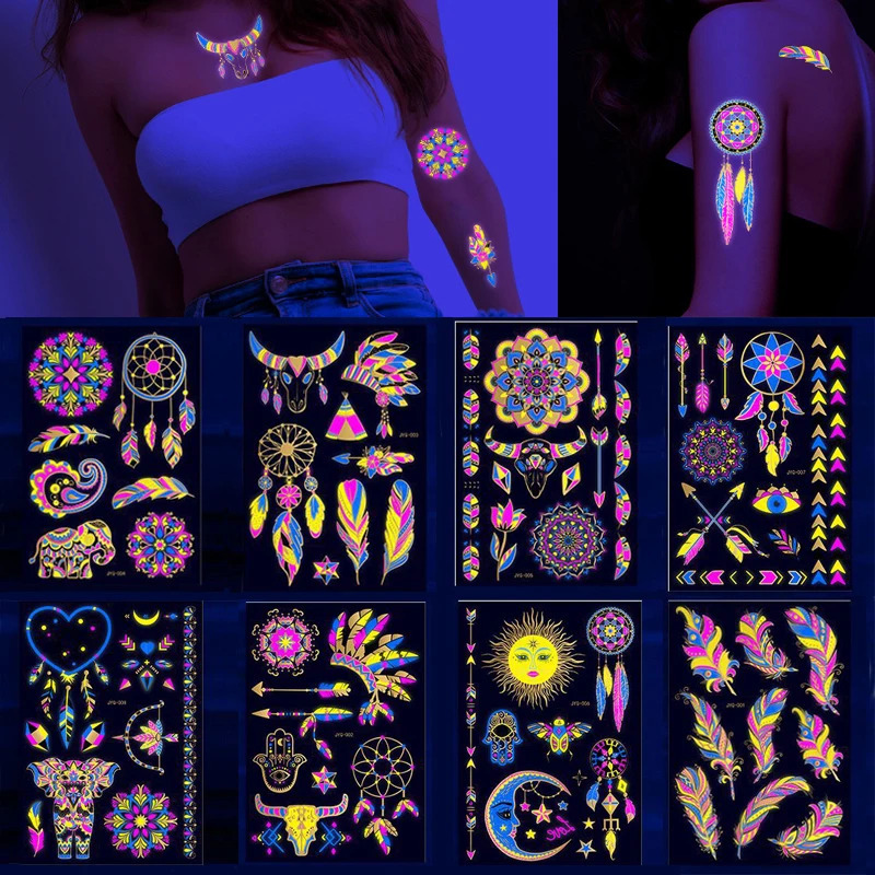 Adesivos de tatuagens temporárias luminosas neon fluorescentes em escuro iluminado tatuagem elephantlove coração tatuagem de tatuagem adesiva 240425