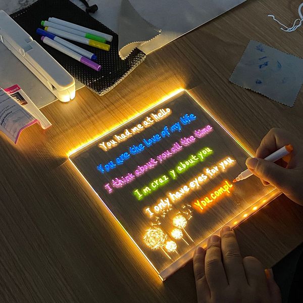 Écriture lumineuse tableau d'affichage Transparent lumière 3D feuilles acryliques claires affichage LED Graffiti carnet de croquis avec stylo pour bureau Tablero De Mensajes Transparente