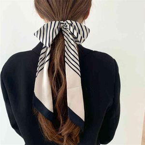 Lunadolphin francês sarja seda lenço magro 95x5cm chiffon preto branco listrado impressão bandana saco fita neckerchief toalha de pulso y1108