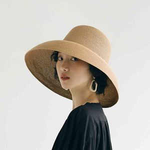 LunaDolphin – chapeau de soleil d'été fait à la main pour femmes, grand avant-toit de plage, Style Hepburn japonais, casquette de pêcheur pliable, tempérament plat