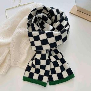 LunaDolphin femmes hiver noir blanc motif damier écharpe Chic vert foulard chaud tricoté laine Ins Pashmina châle