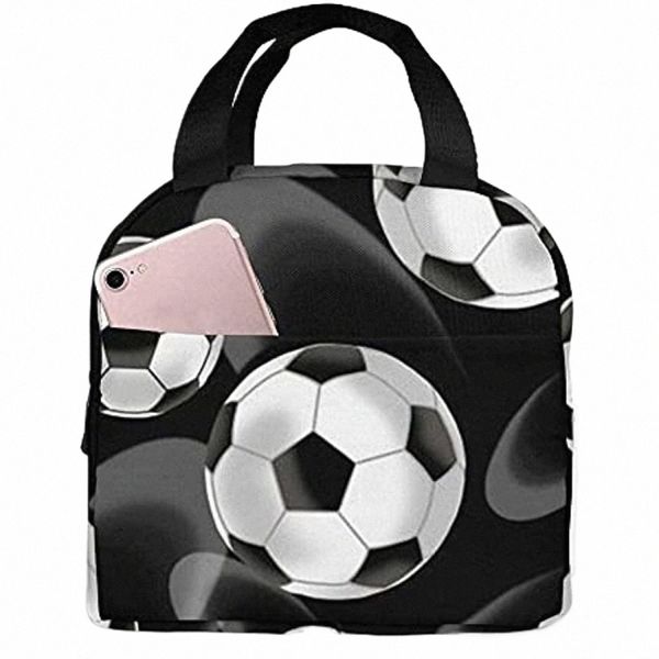 Bolsa de almuerzo Fútbol Negro Caja de almuerzo impresa Bolsa con aislamiento Bolsa de asas para hombres Mujeres Trabajo Bolsas de almuerzo de viaje para hombres Niños Shcool Trabajo u6oA #