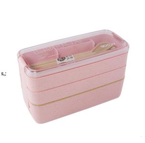 Lunchbox 3 Grid Tarwe Straw Bento Transparant Deksel Voedsel Container voor Werk Reizen Draagbare Studenten Lunchboxen Containers RRF14297