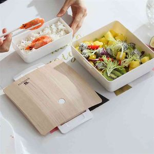 Boîte à lunch Couverture Portable Conteneur de nourriture Pique-nique Bureau Compartiment étanche École avec bois 210423