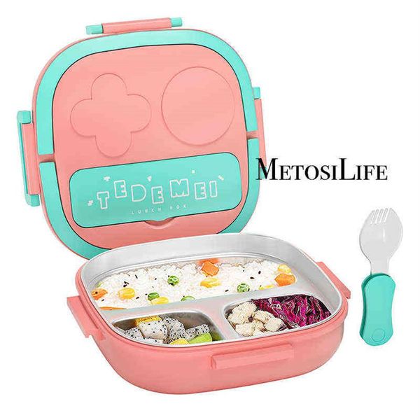 Boîte à lunch pour enfants Toddler Bento Box Food Safe 18 8 Acier inoxydable BPA Conception à 3 compartiments Poignée portable 211028219P