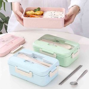 Lunch Box Microwave Food Storage Container with Spoon Chopsticks Wheat Straw Dinnerware Children Kids School Office Bento Box 210818