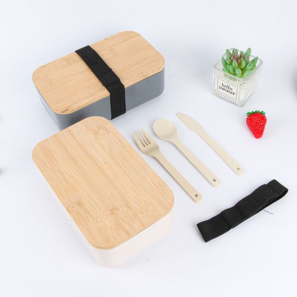 Boîte à lunch Boîtes à bento Bento Micro-ondes Portable Boîte de rangement alimentaire Conteneur de fruits pour étudiant au bureau avec vaisselle de couvercle en bois