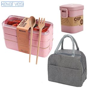 Lunchboxen 3-laags tarwestro lunchbox met zak Japanse magnetron bento voedselcontainer vork en lepel geschikt voor studentenkantoorpersoneel 230531
