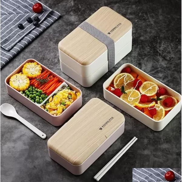 Cajas de almuerzo Bolsas Caja de doble capa 1200 ml Ensalada de sensación de madera Cajas Bento Microondas Contenedor portátil para trabajadores Estudiante 0106 Drop Dhcud