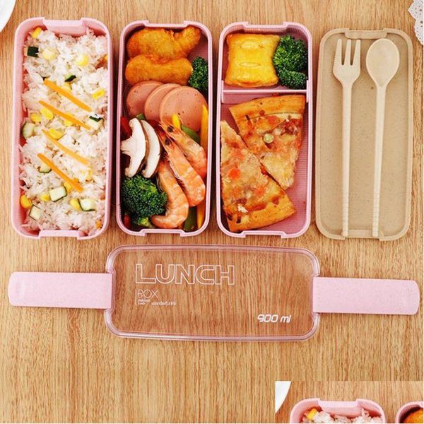 Cajas de almuerzo Bolsas Caja de material saludable 3 capas 900 ml Trigo St Bento Cajas Microondas Vajilla Contenedor de almacenamiento de alimentos Lonchera Vf0001 Dhkr0