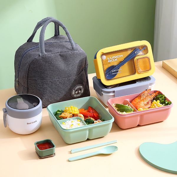 Boîtes à lunch Boîte à lunch portable Sacs à lunch pour enfants École Bureau Boîte à bento avec vaisselle Sac thermique Kit complet Chauffage au micro-ondes 230509