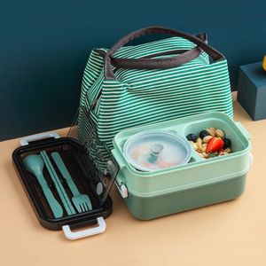 Boîtes à lunch avec sac isolant 3 couches micro-ondes bento conteneur de pique-nique en plein air avec fourchette cuillère pour étudiant employé de bureau 230216