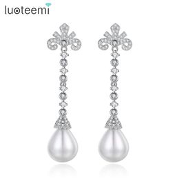 LUOTEEMI Zoetwaterparels CZ Doorboorde Oorbellen Lange Dangle Ronde Elegante Drop Accessoires voor Meisjes Dating Party Sieraden Geschenken 240401