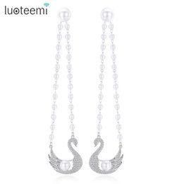 Luteemi Boucles d'oreilles à double cygne à double utilisation avec pierre CZ et imitation Perle Boucle d'oreille perle pour les femmes Valentin Gift9070622