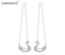 Luteemi Boucles d'oreilles à double cygne à double utilisation avec pierre CZ et imitation Perle Boucle d'oreille perle pour les femmes Valentin Gift4430402