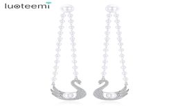 Luteemi Boucles d'oreilles à double cygne à double utilisation avec pierre CZ et imitation Perle Boucle d'oreille en perle pour les femmes Valentin Gift3732755