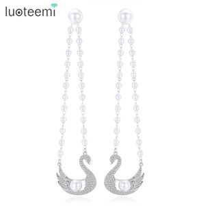 Luoteemi trendy dualuse swan bengelen oorbellen met cz steen en imitatie parel kralen druppel voor vrouwen valentijn cadeau8372029