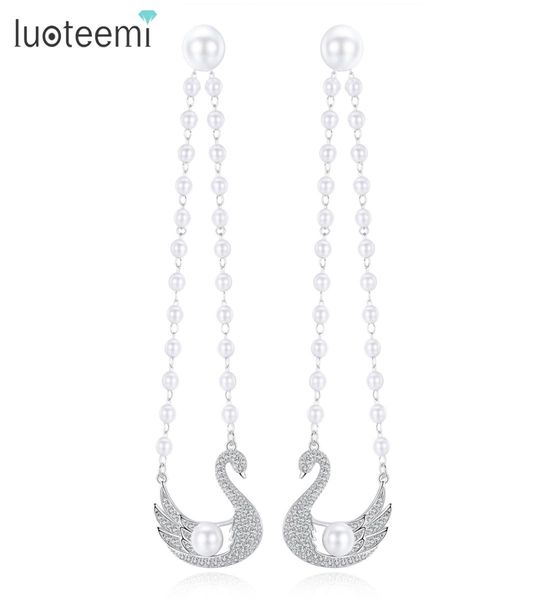 Luoteemi Turnuse Dualuse Swan Dangle Pendientes con CZ Piedra e Imitación Pearle Beaden Drop para para mujeres Valentín de San Valentín1637287