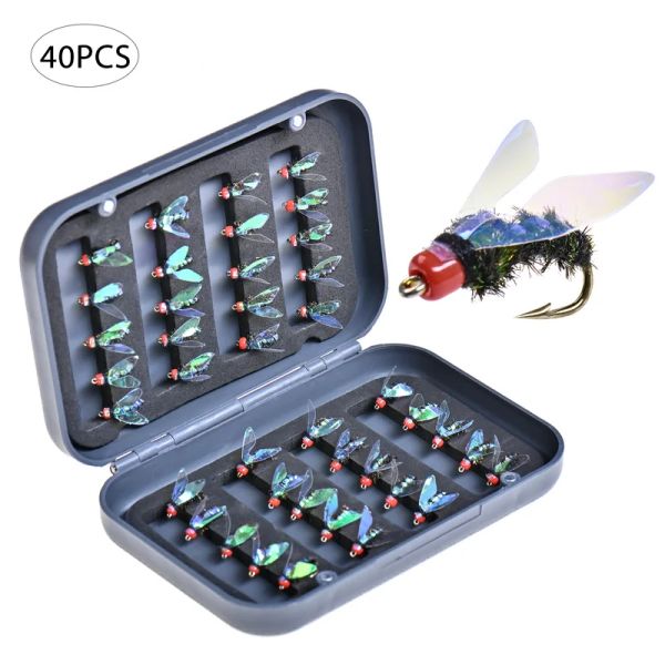 Señuelos 40 unids/caja pesca con mosca cabeza de cuentas hundimiento rápido ninfa Scud mosca insecto gusano trucha pesca moscas kit insecto artificial cebo de pesca señuelo