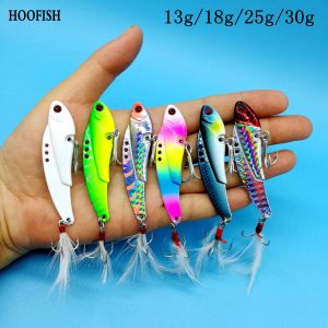 LOS HOOFISH 5pcs/Lote Metal Jig Fishing Lure 13G/18G/25G/30G Vibration Spoon Hardbait con ganchos de plumas Wobbler Swimbait Vib Tackle