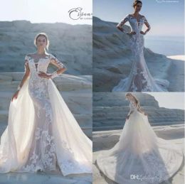 Lussano Nouvelles robes de mariée sirène avec jupes détachables, couche transparent en dentelle appliquée robe de mariée