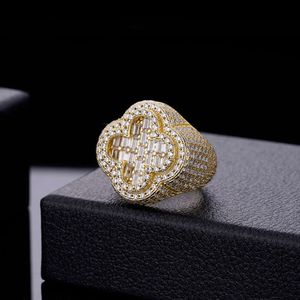 Glans Hiphop Sieraden Klavertje Vier Baguette Ronde Moissanite 925 Zilver Wit Vergulde Engagement Moissanite Ring voor Mannen