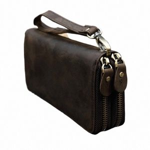 Luufan vintage Crazy Horse Leather Men Femmes LG Purse Portefeuille carte de crédit Double Zip portefeuille lg portefeuille mâle Purse J7e8 # #