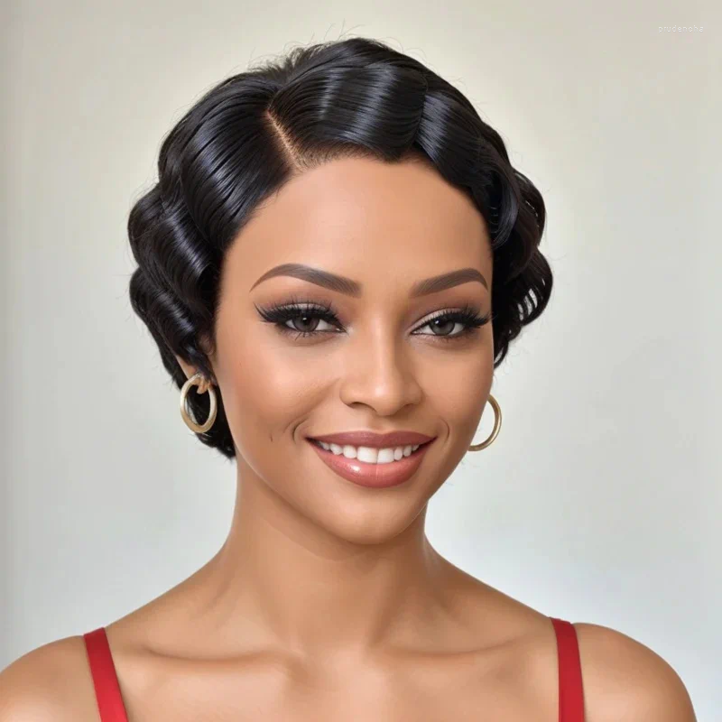 Luvkiss Trendy Limited Design Short Pixie Cut Finger Wave 13x4 Human Lace Front Wig 150% Density Hair Wigs