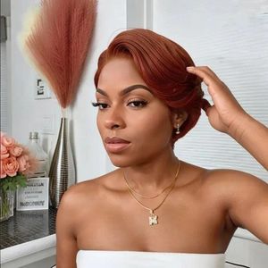 LuvkissHair Trendy Limited Design Rood Oranje Pixie Cut Kanten pruik van echt haar 180% voorgeplukt