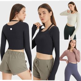 Chemise de Yoga à manches longues et col licou, avec coussinet de poitrine, hauts Slim de couleur unie, chemise de sport et de Fitness, LUwomen-936