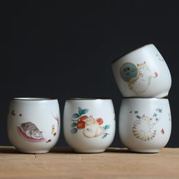 Luwu White Ceramic Tea Cup Lindo Cat China Kung Fu Cazas de té 100ml