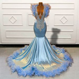 Luxe bébé bleu plume robe de bal 2023 élégant pour les filles noires sirène diamant africain Aso Ebi robe de soirée dos nu formelle robes de soirée élégante robe femme chic